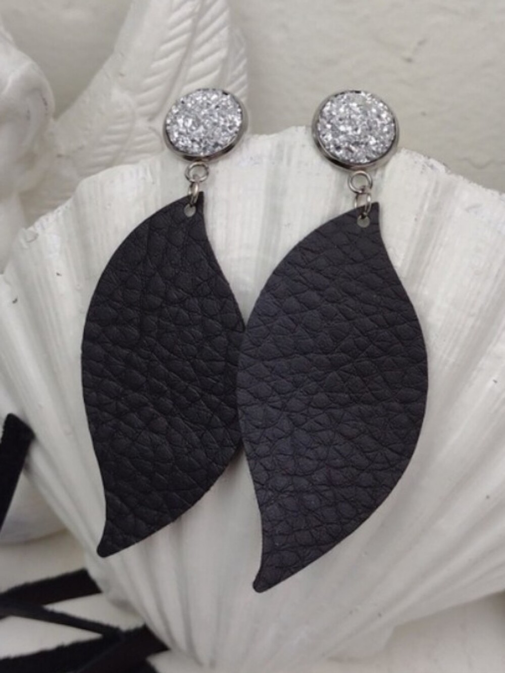 Black Feather Shape Leather Like Texture Crystal Paved Post Stud Drop Earrings